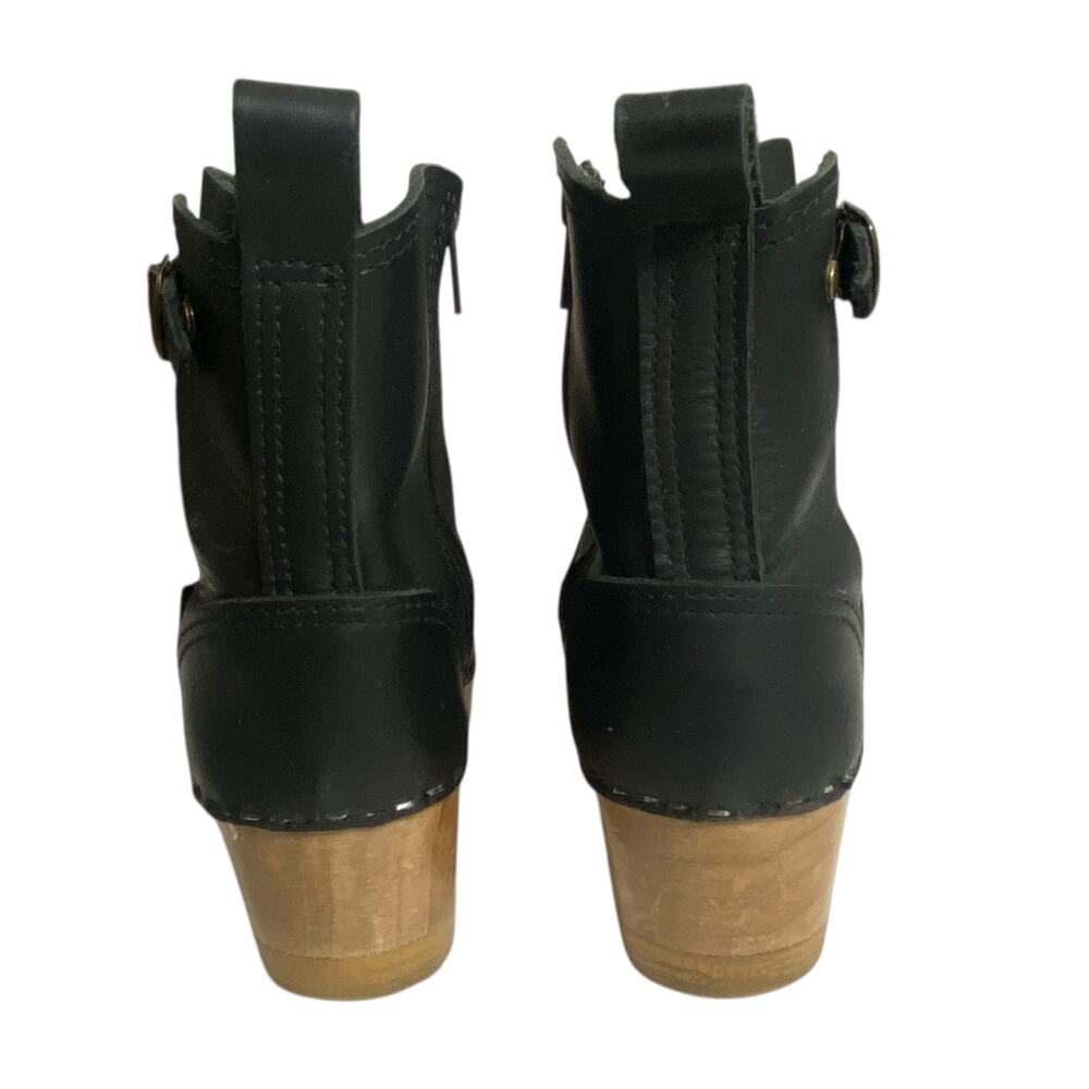 Women's Black Leather Clog Ankle Boots with Buckle - Picture 2 of 9